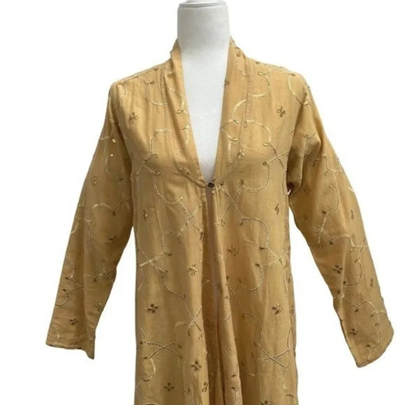 Hand Crafted Indian Kurta Jacket  Long Cotton Duster Gold Embroidery  NWT - Picture 2 of 13